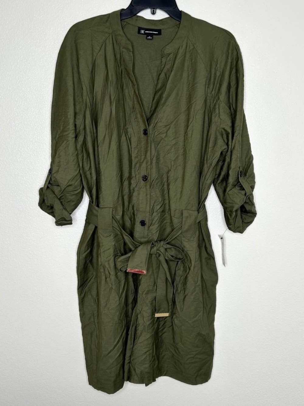 INC Womens Olive Green Button Front Long Sleeve Belted Romper Size XL NWT